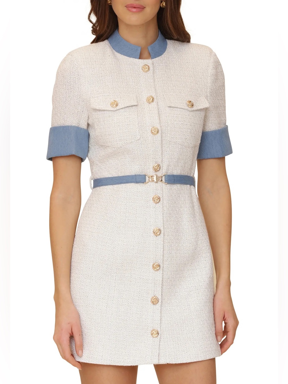 New Avec Les Filles Contrast Denim Tweed Mini Dress Ivory 8 M Preppy Quiet luxur - Picture 3 of 8
